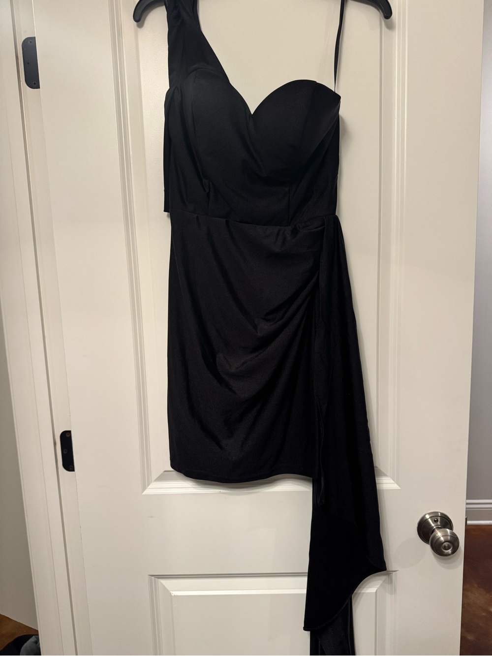 One-Shoulder Black Cocktail Dress with Draped Sash